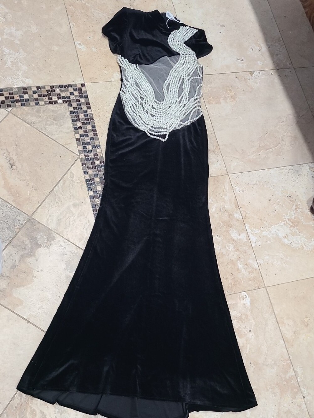 Mew Mews  Black Velvet Prom Dress with Pearl Beaded Bodice - Picture 5 of 14